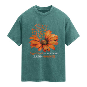Leukemia Support Squad You Are Not Alone Washed Cotton T-Shirt Orange Sunflower Ribbon