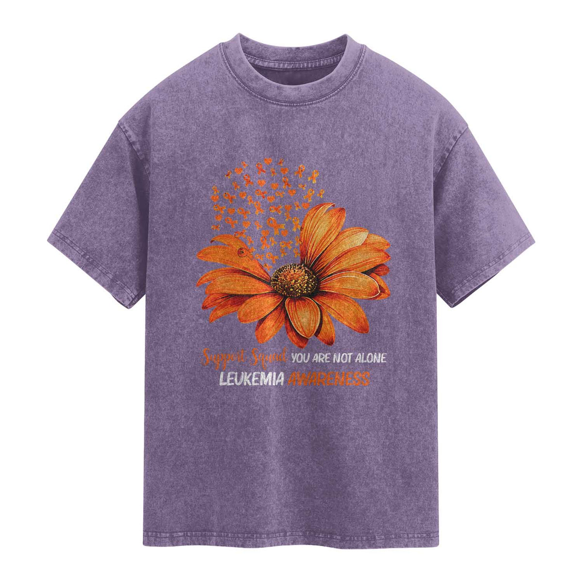 Leukemia Support Squad You Are Not Alone Washed Cotton T-Shirt Orange Sunflower Ribbon