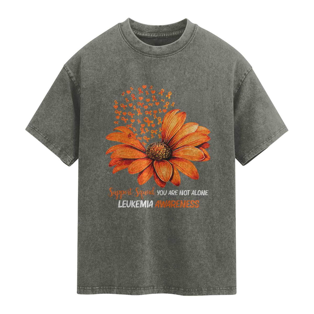 Leukemia Support Squad You Are Not Alone Washed Cotton T-Shirt Orange Sunflower Ribbon
