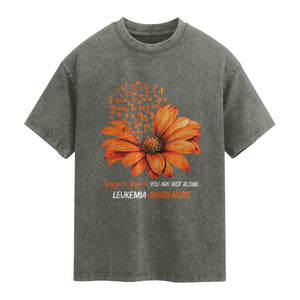 Leukemia Support Squad You Are Not Alone Washed Cotton T-Shirt Orange Sunflower Ribbon