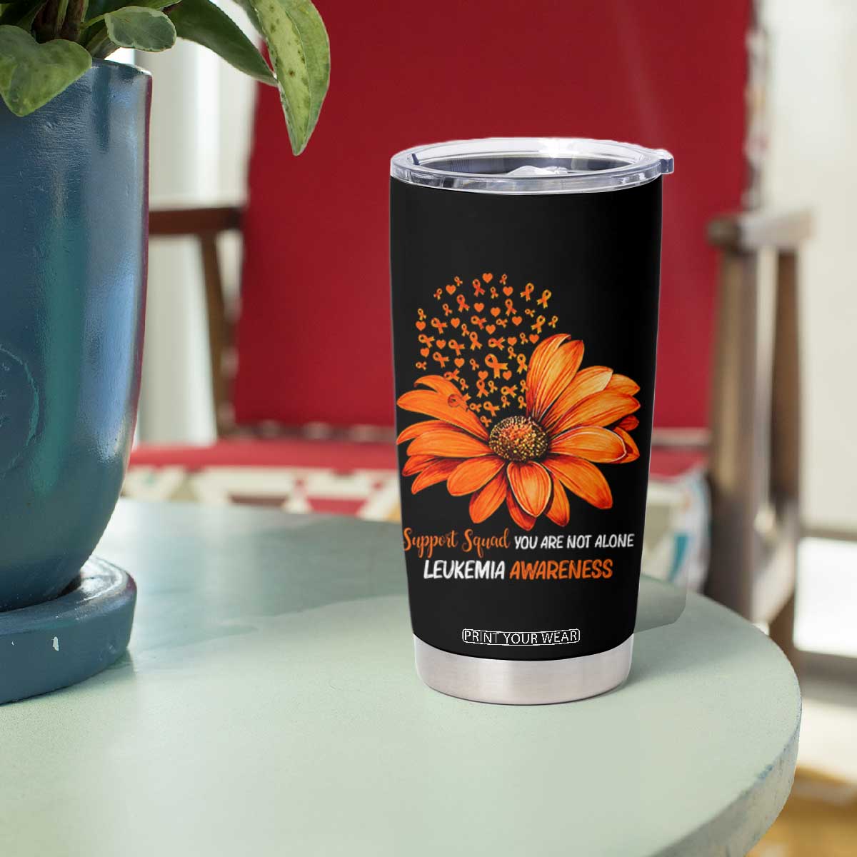 Leukemia Support Squad You Are Not Alone Tumbler Cup Orange Sunflower Ribbon
