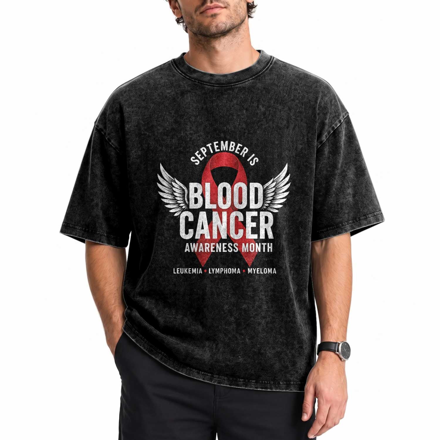 September Is Blood Cancer Awareness Month Washed Cotton T-Shirt Leukemia Lymphoma Myeloma Red Ribbon