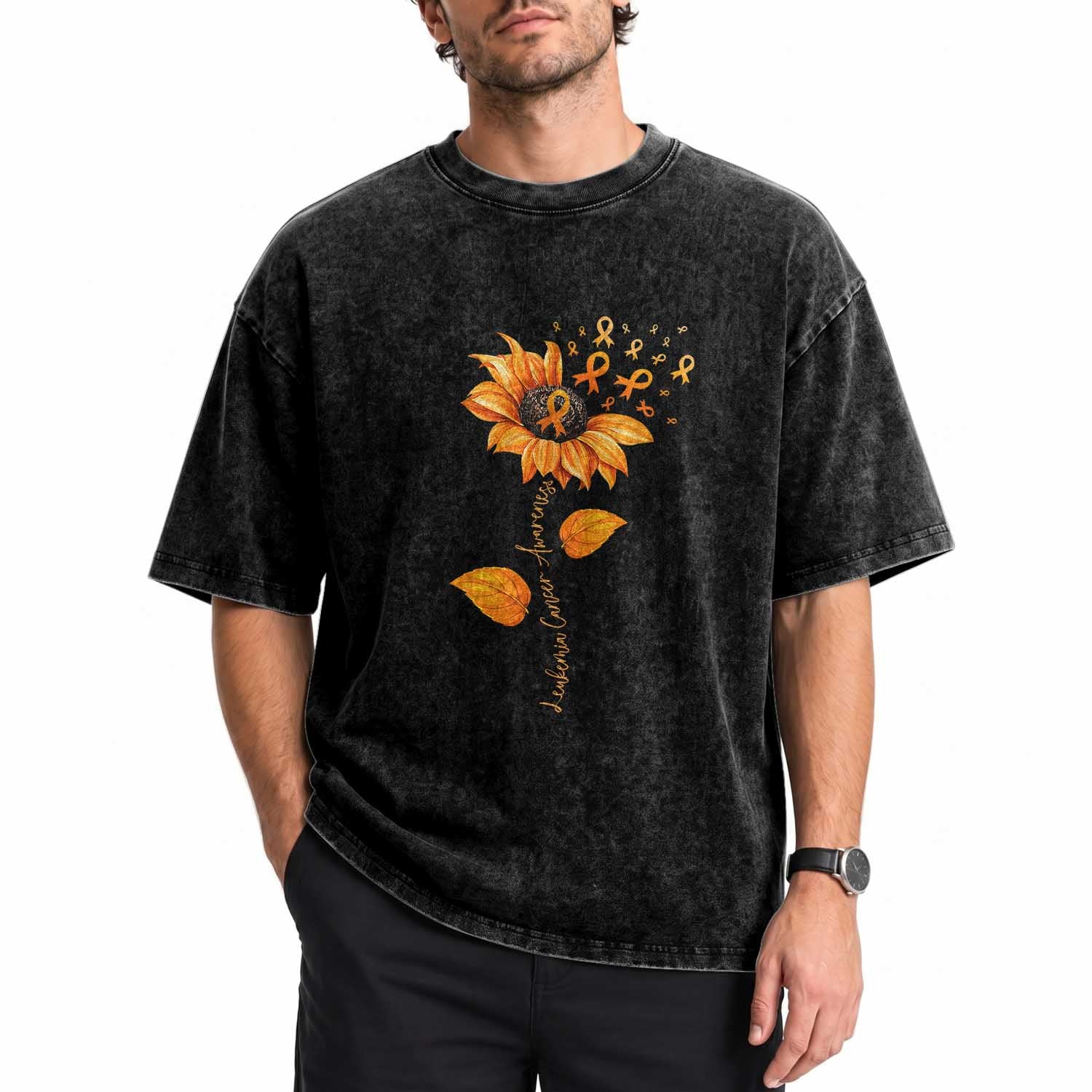 Leukemia Cancer Awareness Sunflower Orange Ribbon Washed Cotton T-Shirt