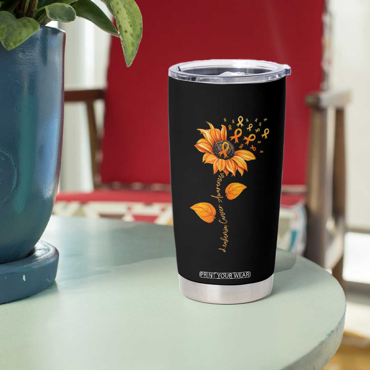 Leukemia Cancer Awareness Sunflower Orange Ribbon Tumbler Cup