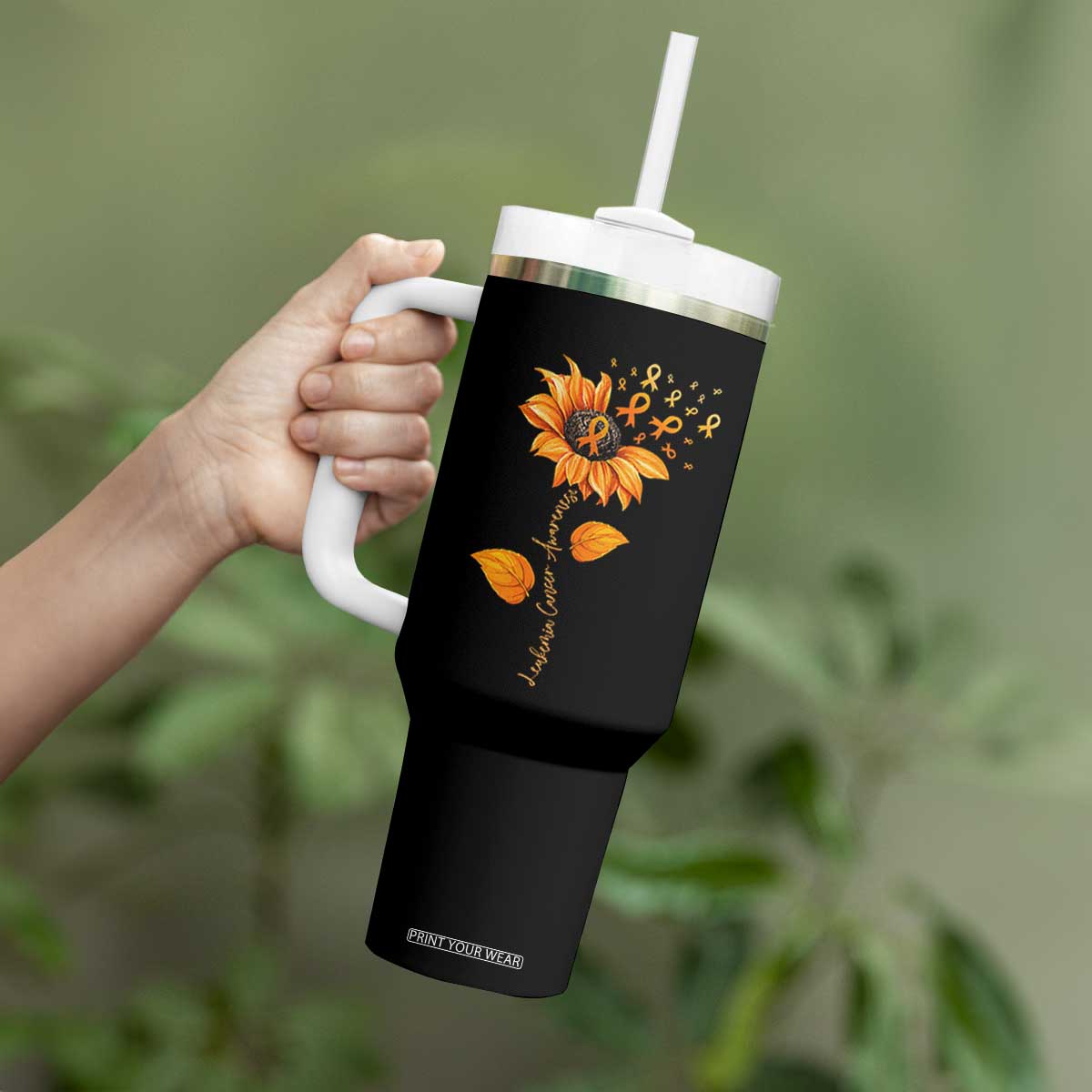 Leukemia Cancer Awareness Sunflower Orange Ribbon Tumbler With Handle