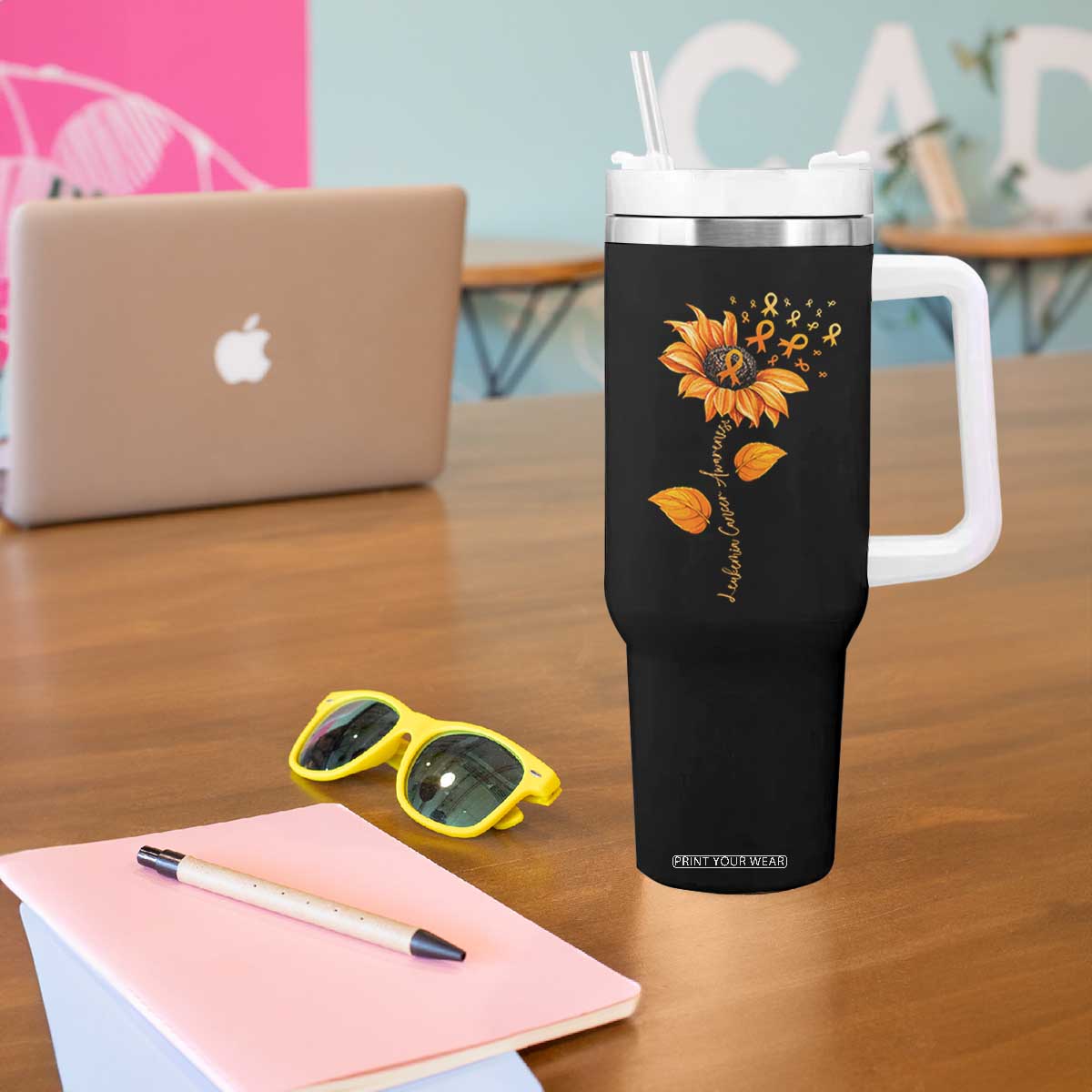 Leukemia Cancer Awareness Sunflower Orange Ribbon Tumbler With Handle