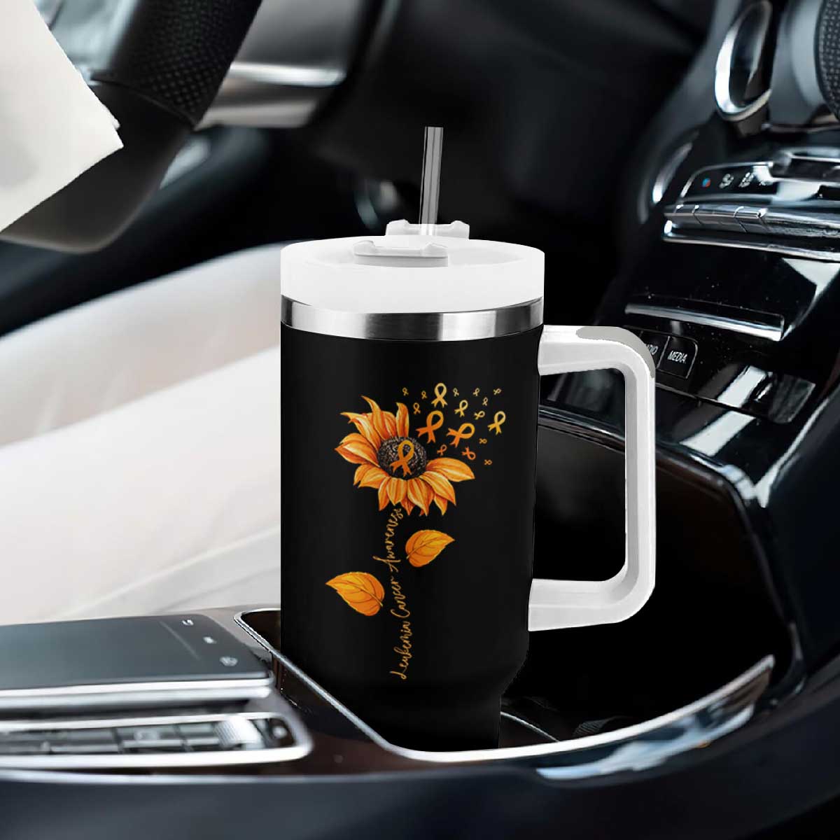 Leukemia Cancer Awareness Sunflower Orange Ribbon Tumbler With Handle