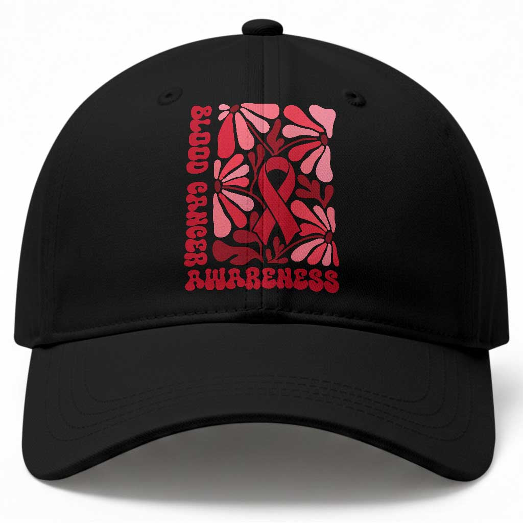 Blood Cancer Awareness Baseball Cap Red Ribbon 60s 70s Retro Groovy Flower