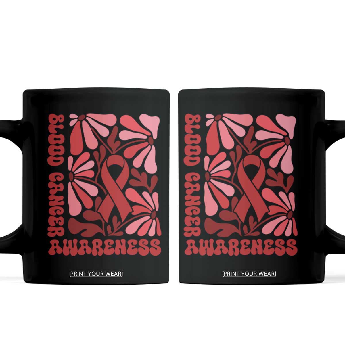Blood Cancer Awareness Coffee Mug Red Ribbon 60s 70s Retro Groovy Flower