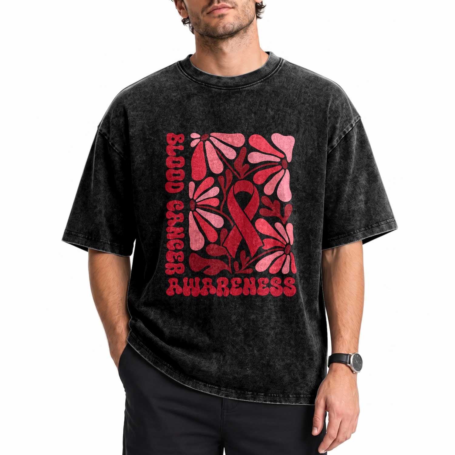 Blood Cancer Awareness Washed Cotton T-Shirt Red Ribbon 60s 70s Retro Groovy Flower