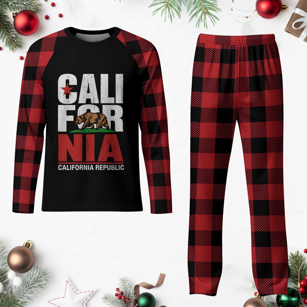 California Republic Flag Bear Plaid Pajama Set Distressed Calif State Pride Graphic