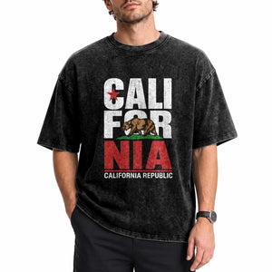 California Republic Flag Bear Washed Cotton T-Shirt Distressed Calif State Pride Graphic