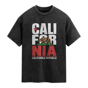 California Republic Flag Bear Washed Cotton T-Shirt Distressed Calif State Pride Graphic