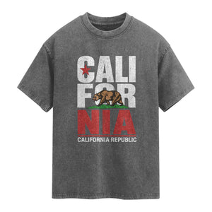 California Republic Flag Bear Washed Cotton T-Shirt Distressed Calif State Pride Graphic