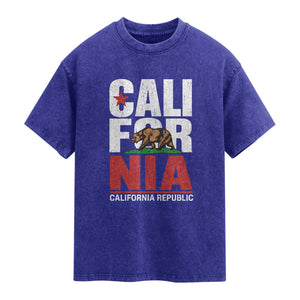 California Republic Flag Bear Washed Cotton T-Shirt Distressed Calif State Pride Graphic