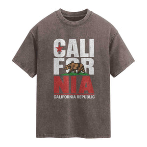 California Republic Flag Bear Washed Cotton T-Shirt Distressed Calif State Pride Graphic