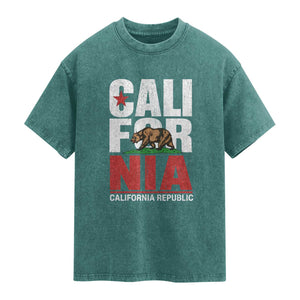 California Republic Flag Bear Washed Cotton T-Shirt Distressed Calif State Pride Graphic