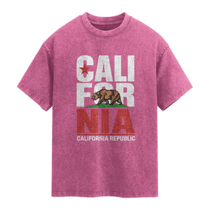 California Republic Flag Bear Washed Cotton T-Shirt Distressed Calif State Pride Graphic