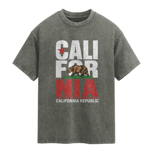 California Republic Flag Bear Washed Cotton T-Shirt Distressed Calif State Pride Graphic