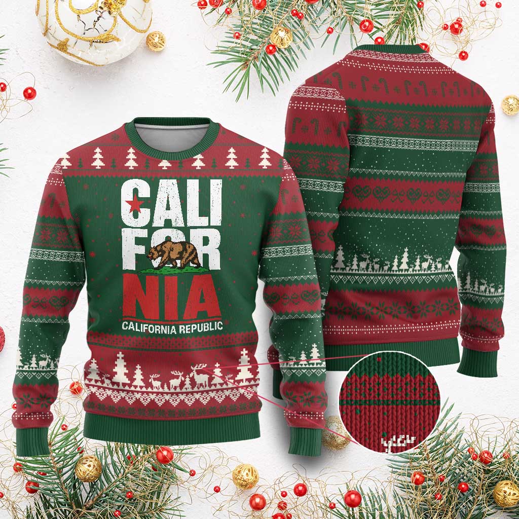 California Republic Flag Bear Ugly Christmas Sweater Distressed Calif State Pride Graphic