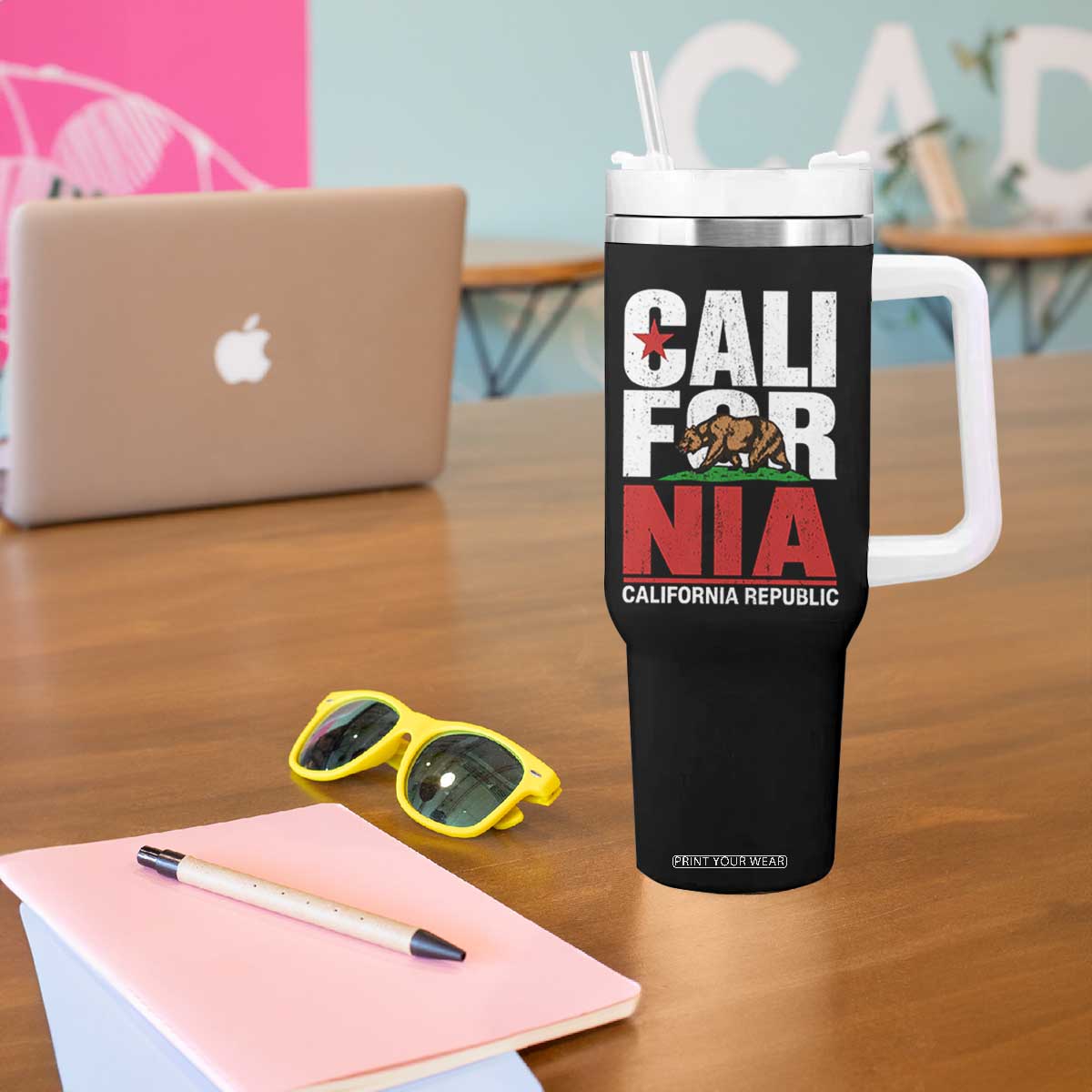 California Republic Flag Bear Tumbler With Handle Distressed Calif State Pride Graphic