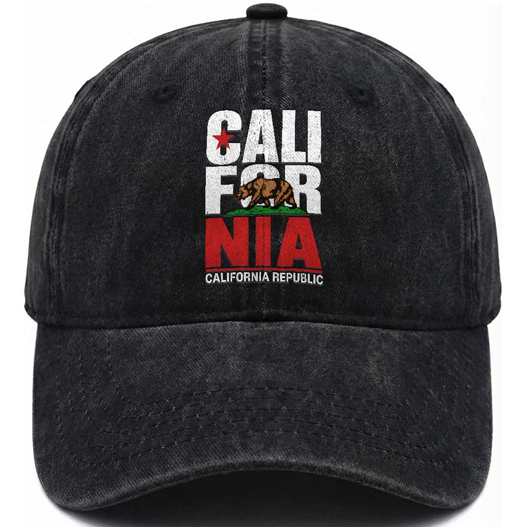 California Republic Flag Bear Washed Cotton Baseball Cap Distressed Calif State Pride Graphic