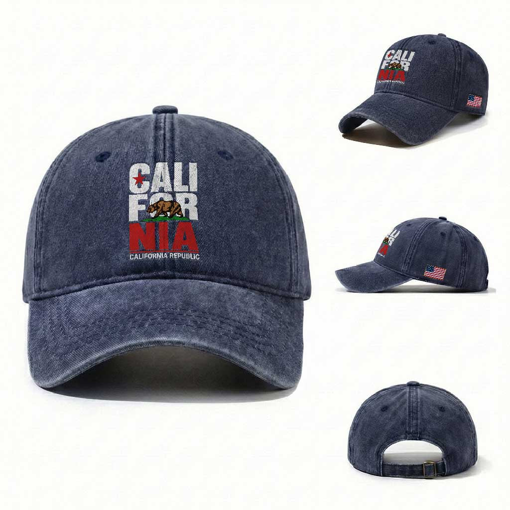 California Republic Flag Bear Washed Cotton Baseball Cap Distressed Calif State Pride Graphic