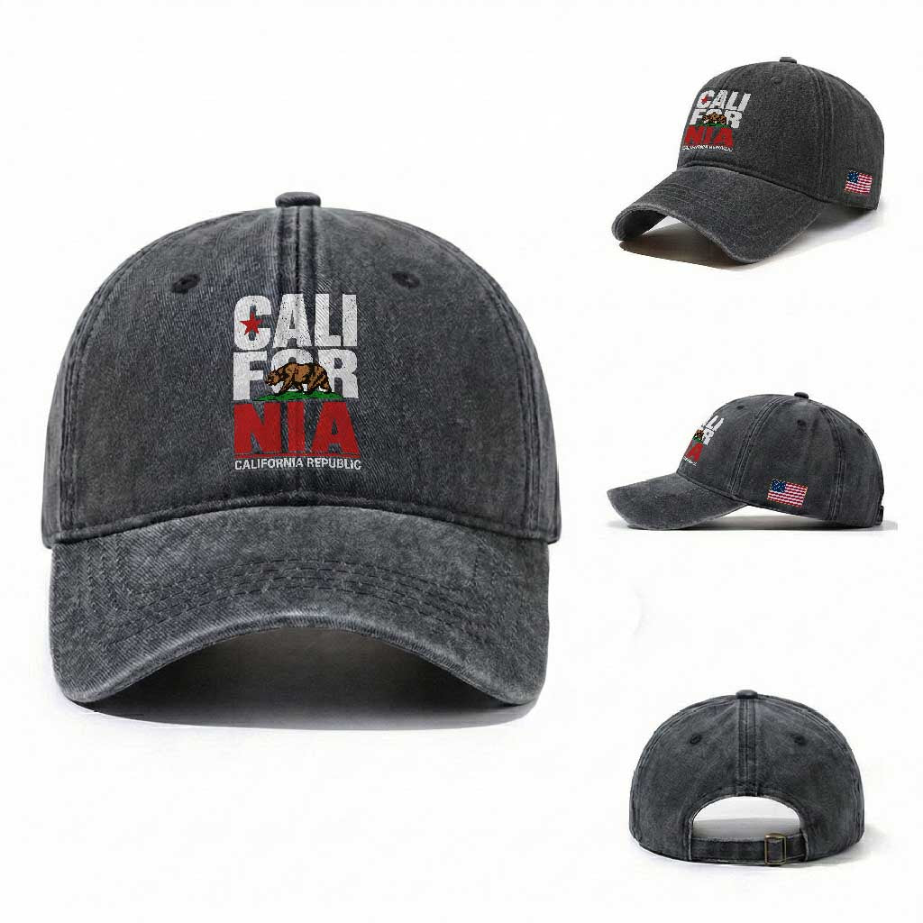 California Republic Flag Bear Washed Cotton Baseball Cap Distressed Calif State Pride Graphic