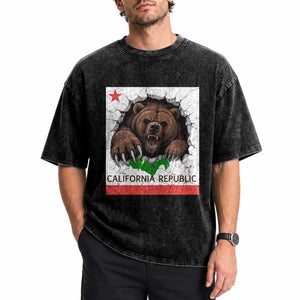 California Bear Flag Republic Washed Cotton T-Shirt CA State Distressed Design