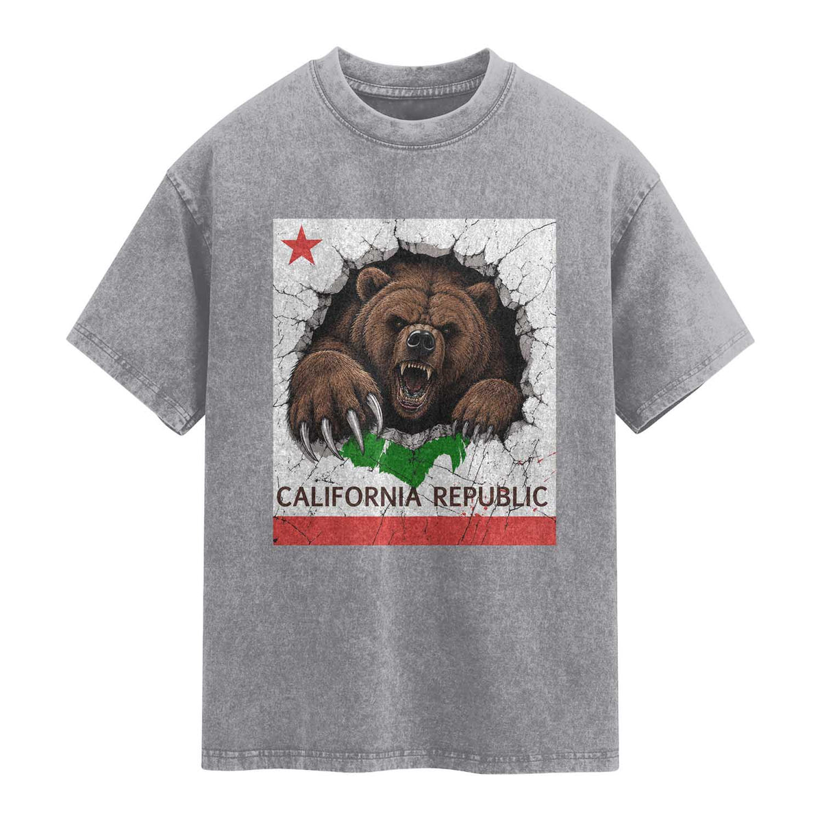 California Bear Flag Republic Washed Cotton T-Shirt CA State Distressed Design