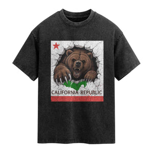 California Bear Flag Republic Washed Cotton T-Shirt CA State Distressed Design