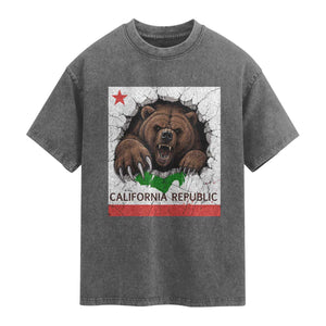 California Bear Flag Republic Washed Cotton T-Shirt CA State Distressed Design