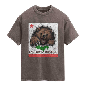 California Bear Flag Republic Washed Cotton T-Shirt CA State Distressed Design