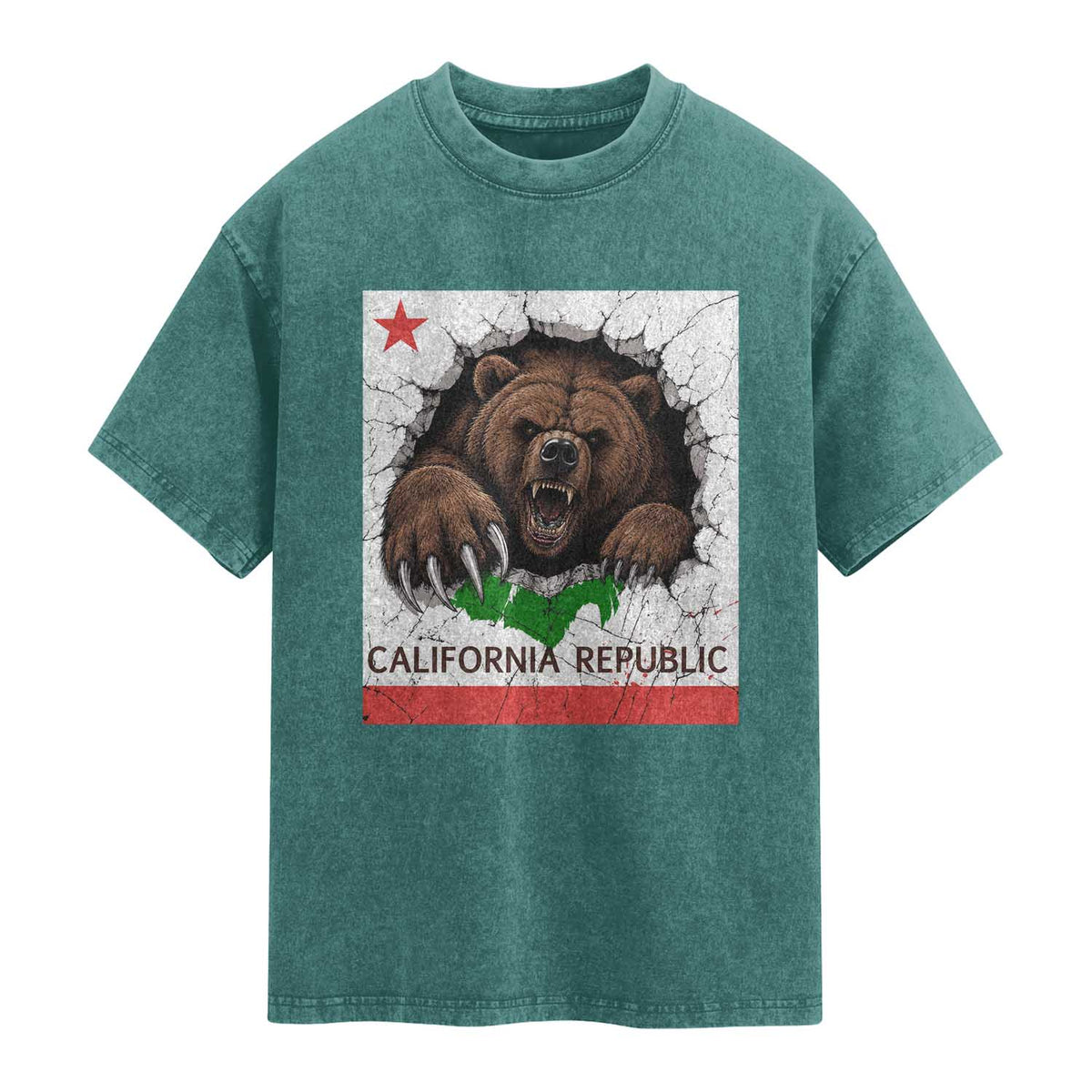 California Bear Flag Republic Washed Cotton T-Shirt CA State Distressed Design