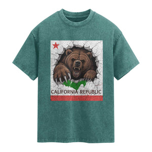 California Bear Flag Republic Washed Cotton T-Shirt CA State Distressed Design