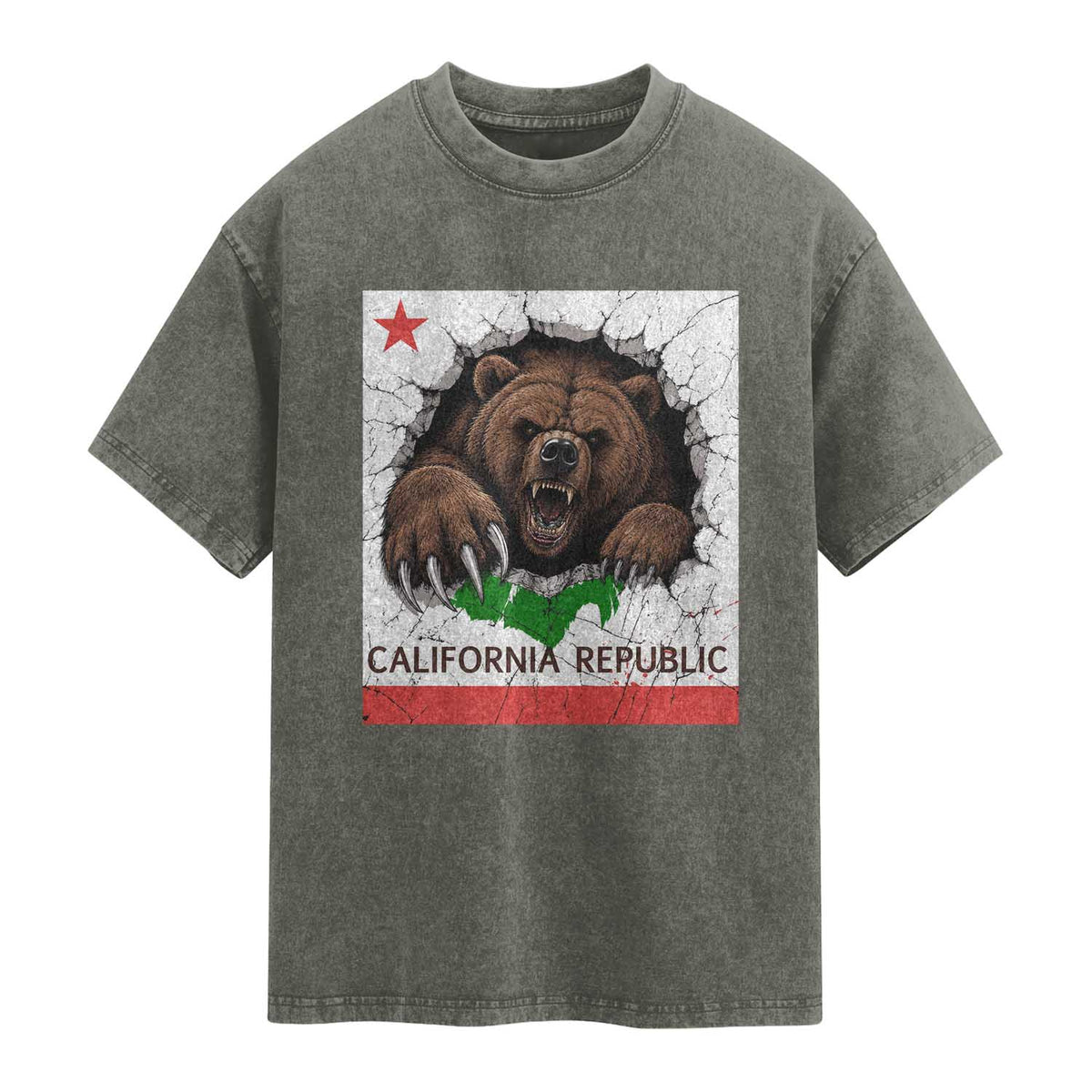 California Bear Flag Republic Washed Cotton T-Shirt CA State Distressed Design