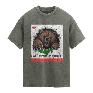 California Bear Flag Republic Washed Cotton T-Shirt CA State Distressed Design