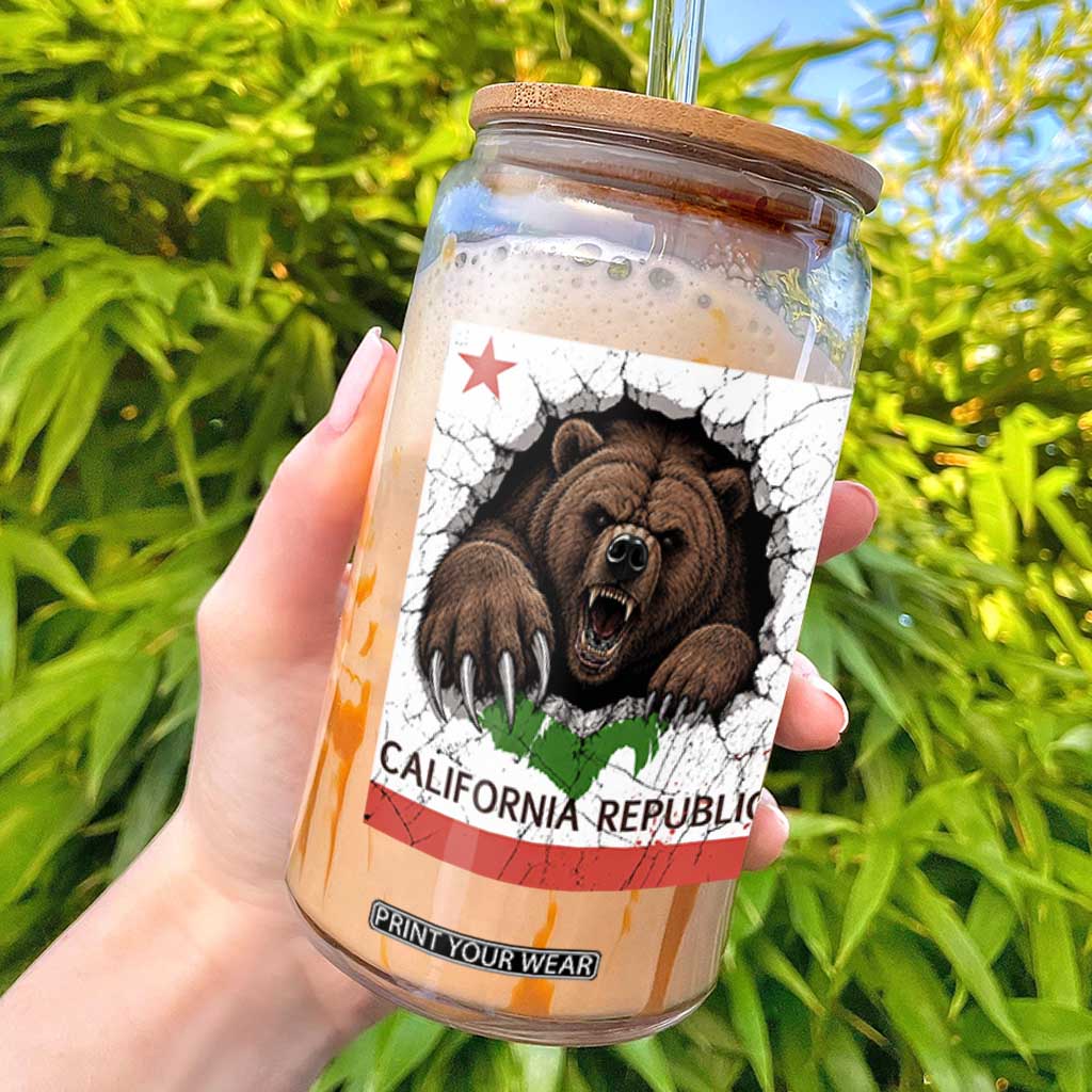California Bear Flag Republic Glass Can CA State Distressed Design