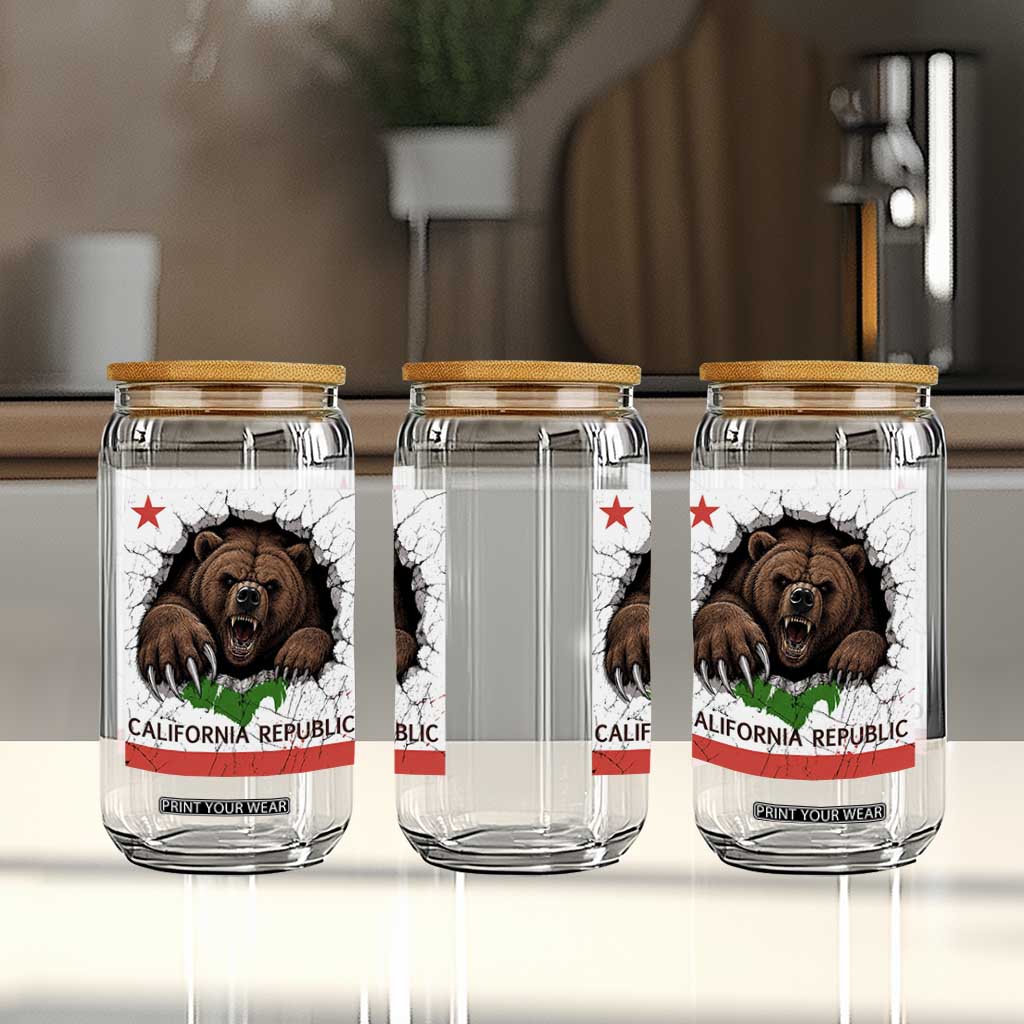 California Bear Flag Republic Glass Can CA State Distressed Design
