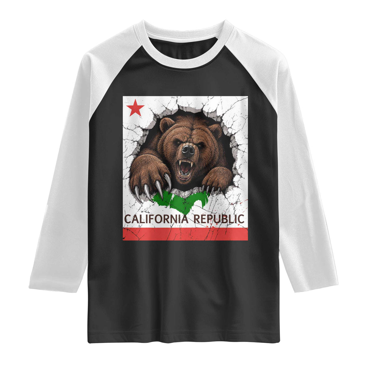 California Bear Flag Republic Raglan Shirt CA State Distressed Design
