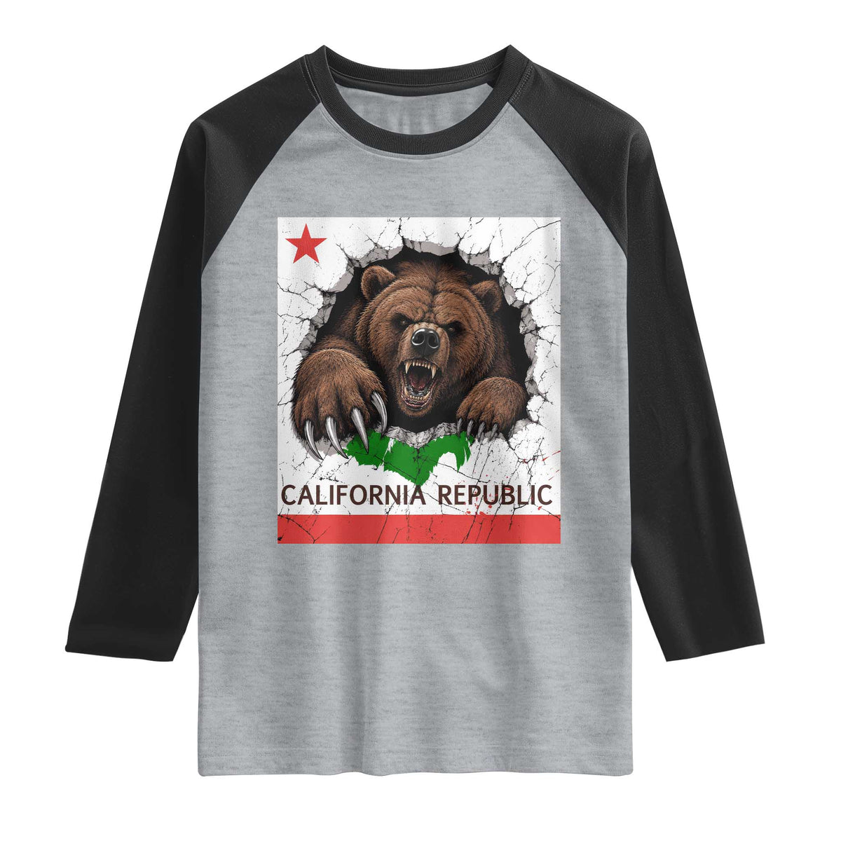 California Bear Flag Republic Raglan Shirt CA State Distressed Design