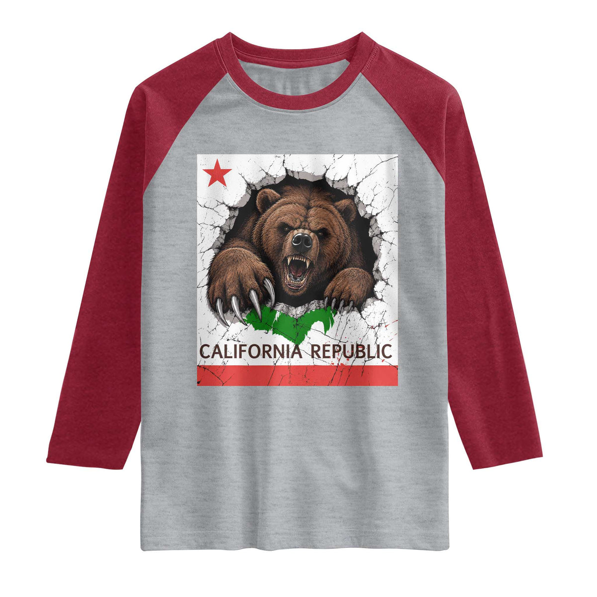 California Bear Flag Republic Raglan Shirt CA State Distressed Design