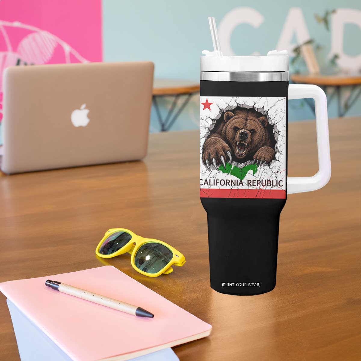 California Bear Flag Republic Tumbler With Handle CA State Distressed Design
