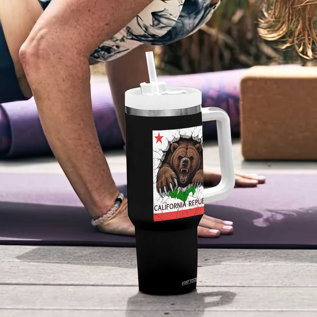 California Bear Flag Republic Tumbler With Handle CA State Distressed Design