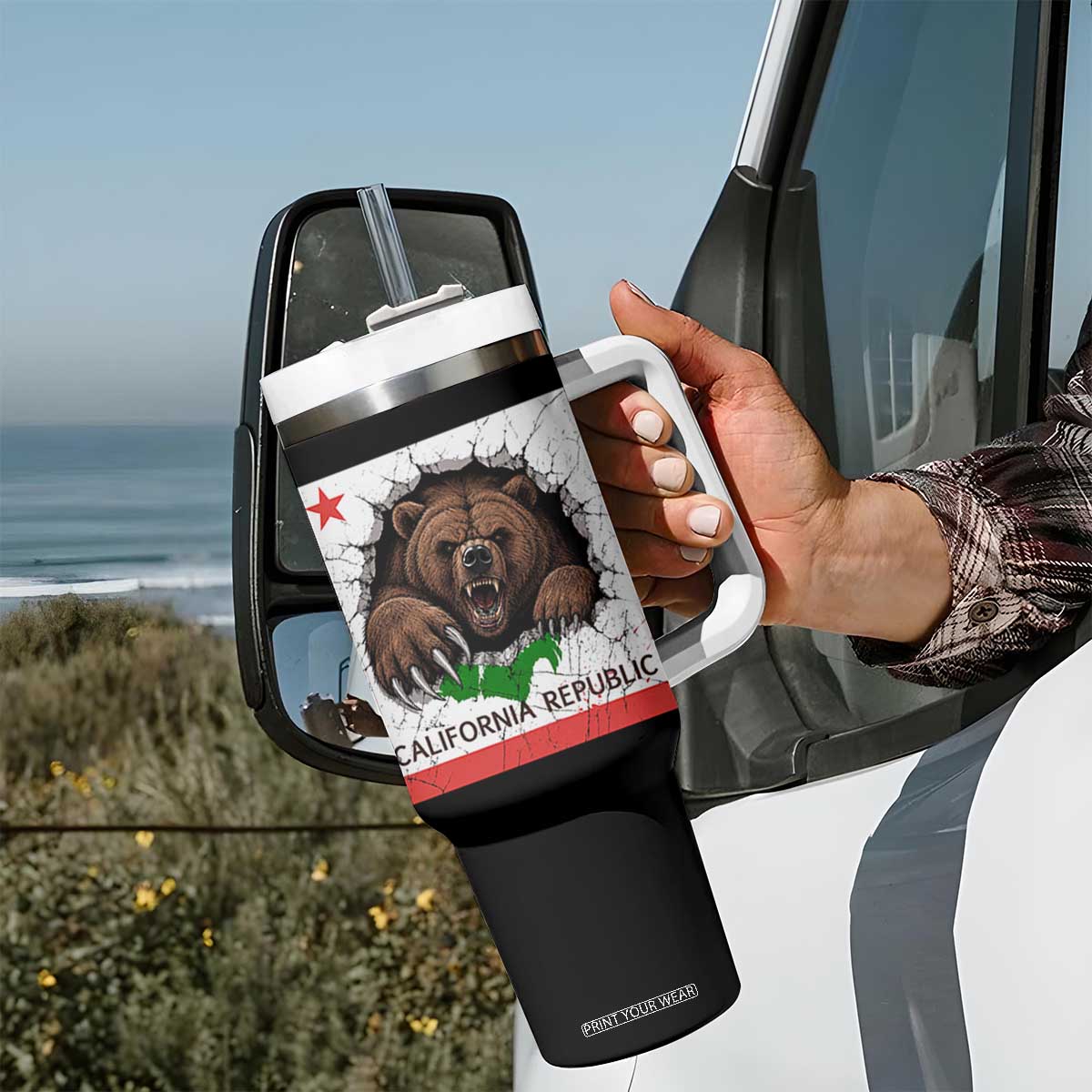 California Bear Flag Republic Tumbler With Handle CA State Distressed Design