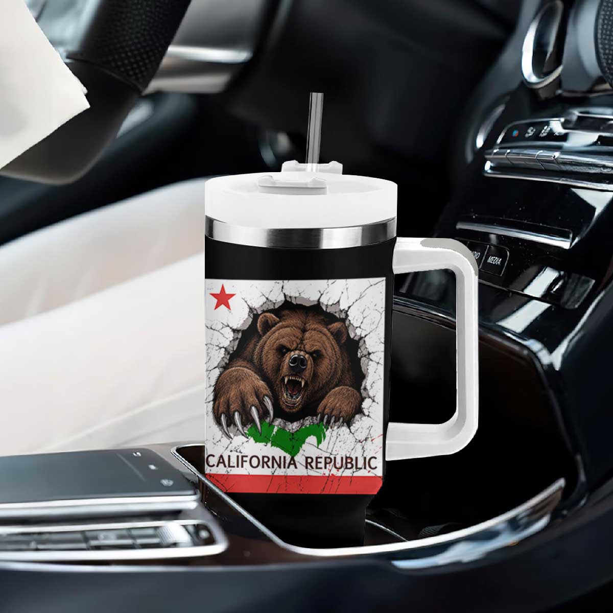 California Bear Flag Republic Tumbler With Handle CA State Distressed Design