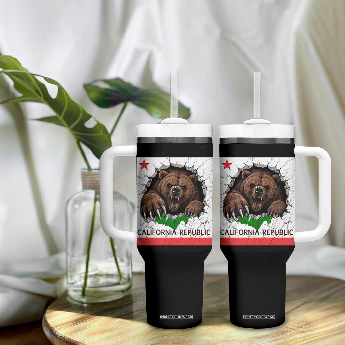 California Bear Flag Republic Tumbler With Handle CA State Distressed Design