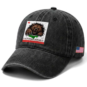 California Bear Flag Republic Washed Cotton Baseball Cap CA State Distressed Design