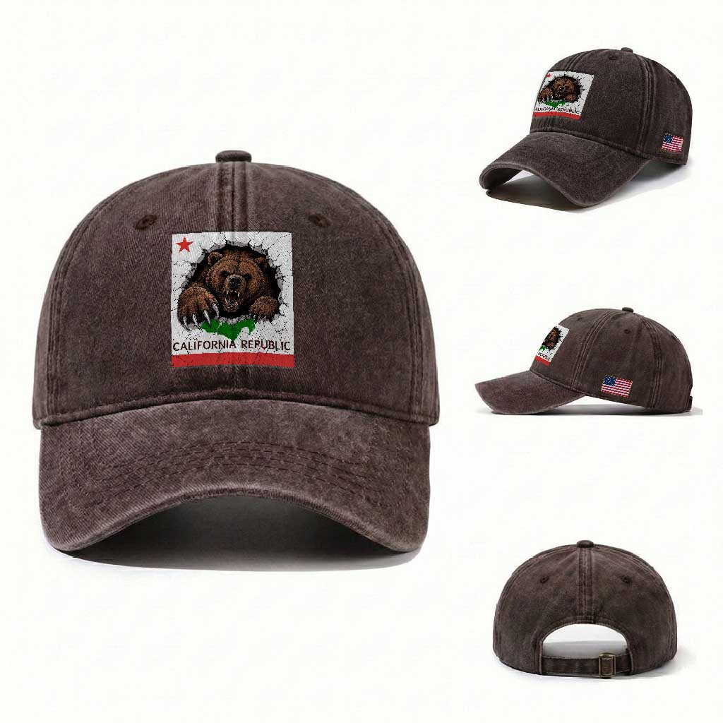 California Bear Flag Republic Washed Cotton Baseball Cap CA State Distressed Design