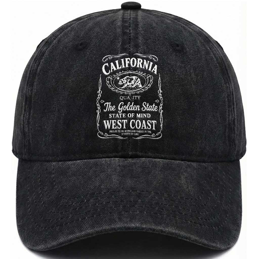 California The Golden State Washed Cotton Baseball Cap Grizzly Bear West Coast Vintage Label